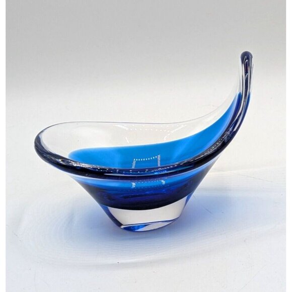 Flygsfors Coquille Cobalt Blue Cased Blown Art Glass Bowl Sweden Signed Vtg 5" - Picture 3 of 9